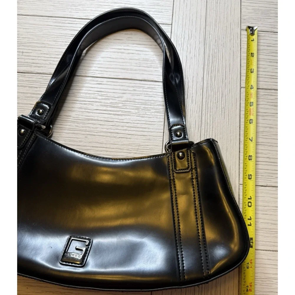 Guess Patent Faux Leather Black Y2k Double Handle Shoulder Bag Zip Close Boho